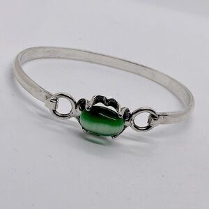 Vtg 925 Sterling Silver Green Cat Eye Glass Cabochon Pinch Bracelet 7” / 17.4g